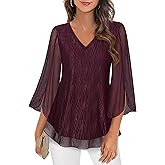 Timeson Women's 3/4 Sleeve Floral Blouses Shirts Double Layers V Neck Dressy Tunics Tops