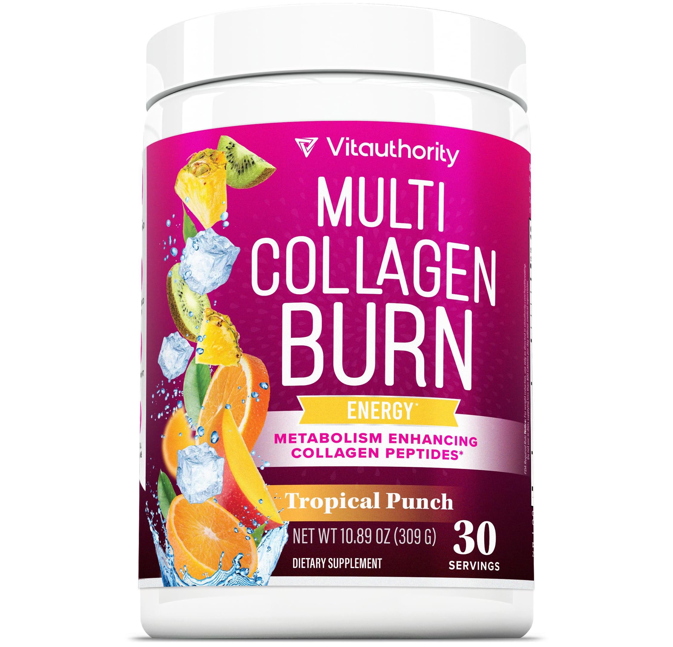 Multi Collagen Burn: MultiType Hydrolyzed Protein Peptides with Hyaluronic Acid, Vitamin C, SOD B Dimpless, Types I, II, III, V and X, with Caffeine 30 Servings Tropical Punch Flavored
