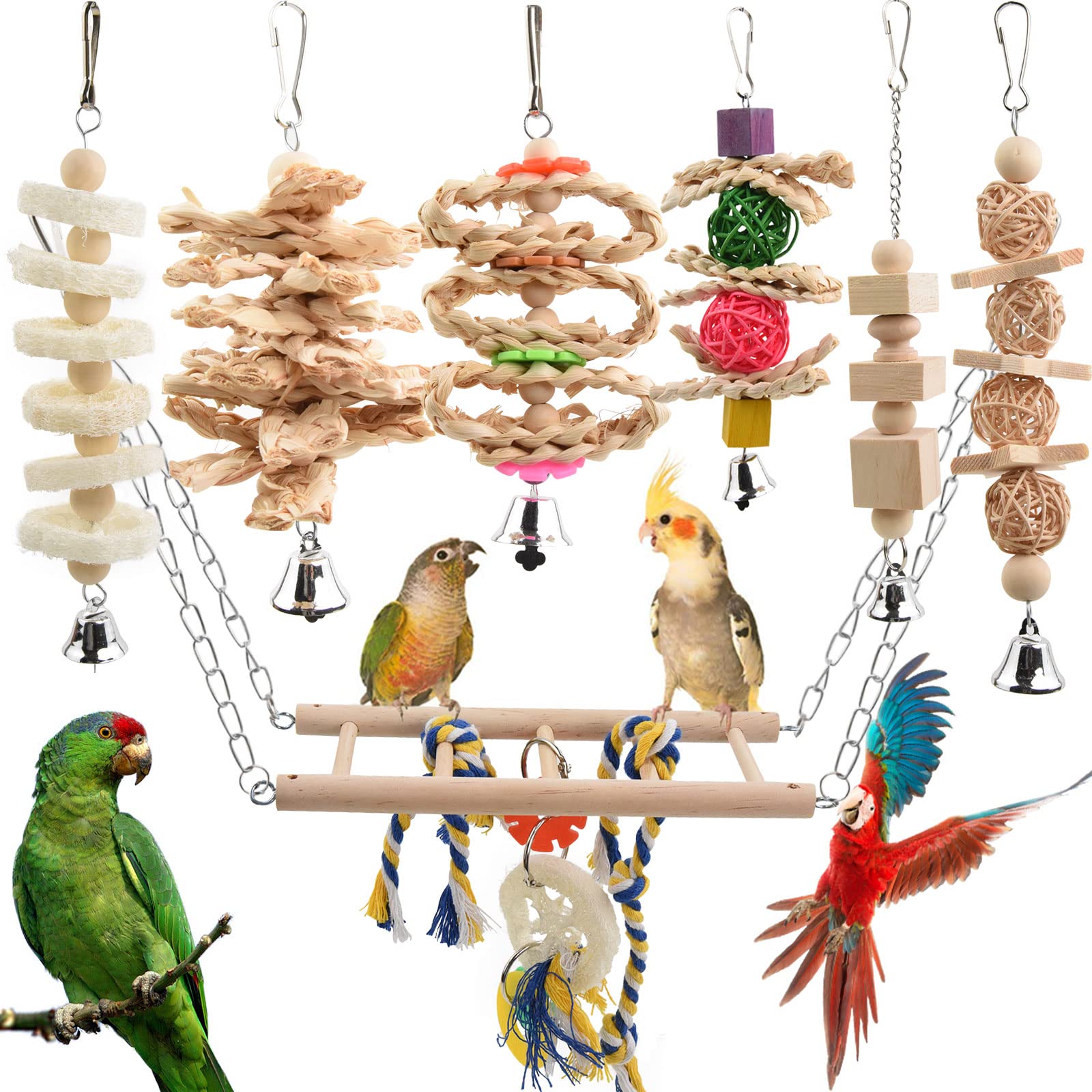 onebarleycorn Parrot Toys Budgie Toys Bird Toys Cockatiel Toys Bird Swing Toy Conure Toys Natural Wood Hanging Bell Bird Cage Toy for Budgie,Parrot,Cockatiel,Conures, Finches,Macaws,Love Birds