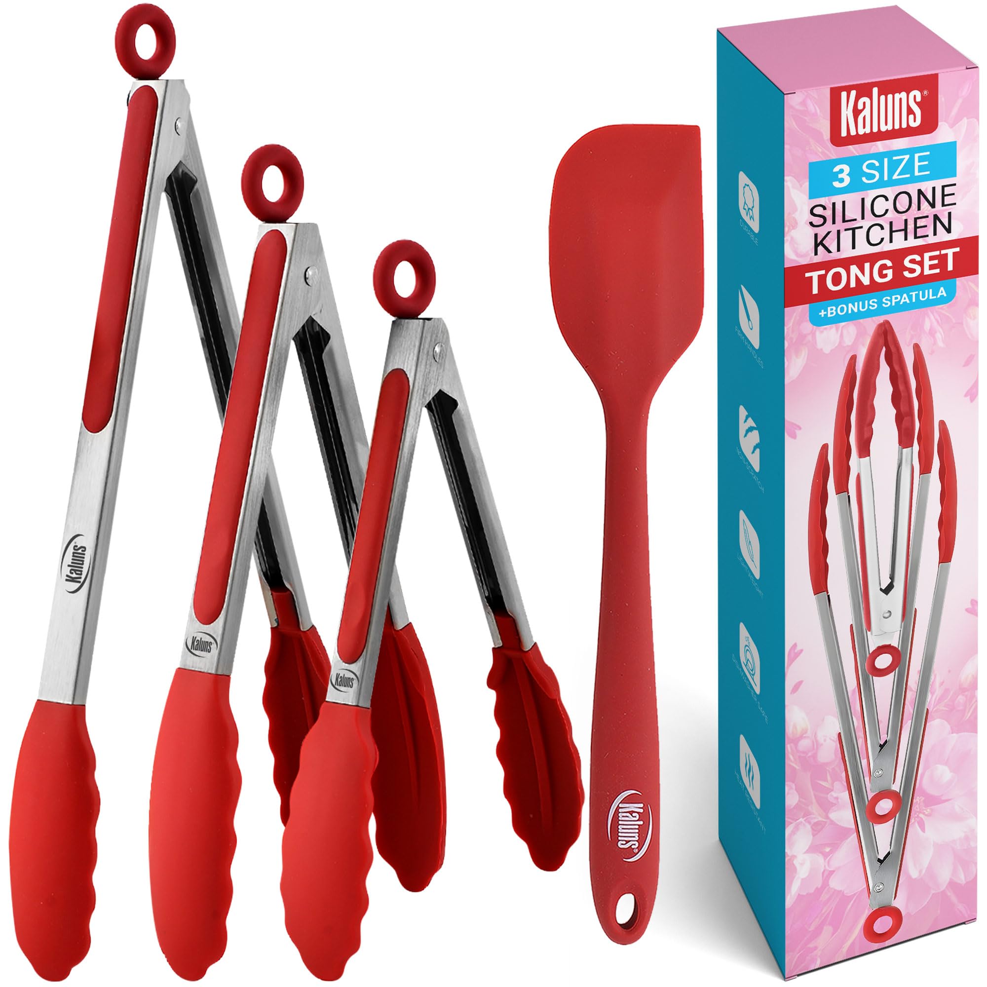 Kaluns Kitchen Tongs for Cooking, Non Stick Silicone Tip Stainless Steel Tongs, Set of Four 7,9, and 12 Inch Tong Plus Silicone Spatula Non-Stick, Heat Resistant Serving Utensils (Red)