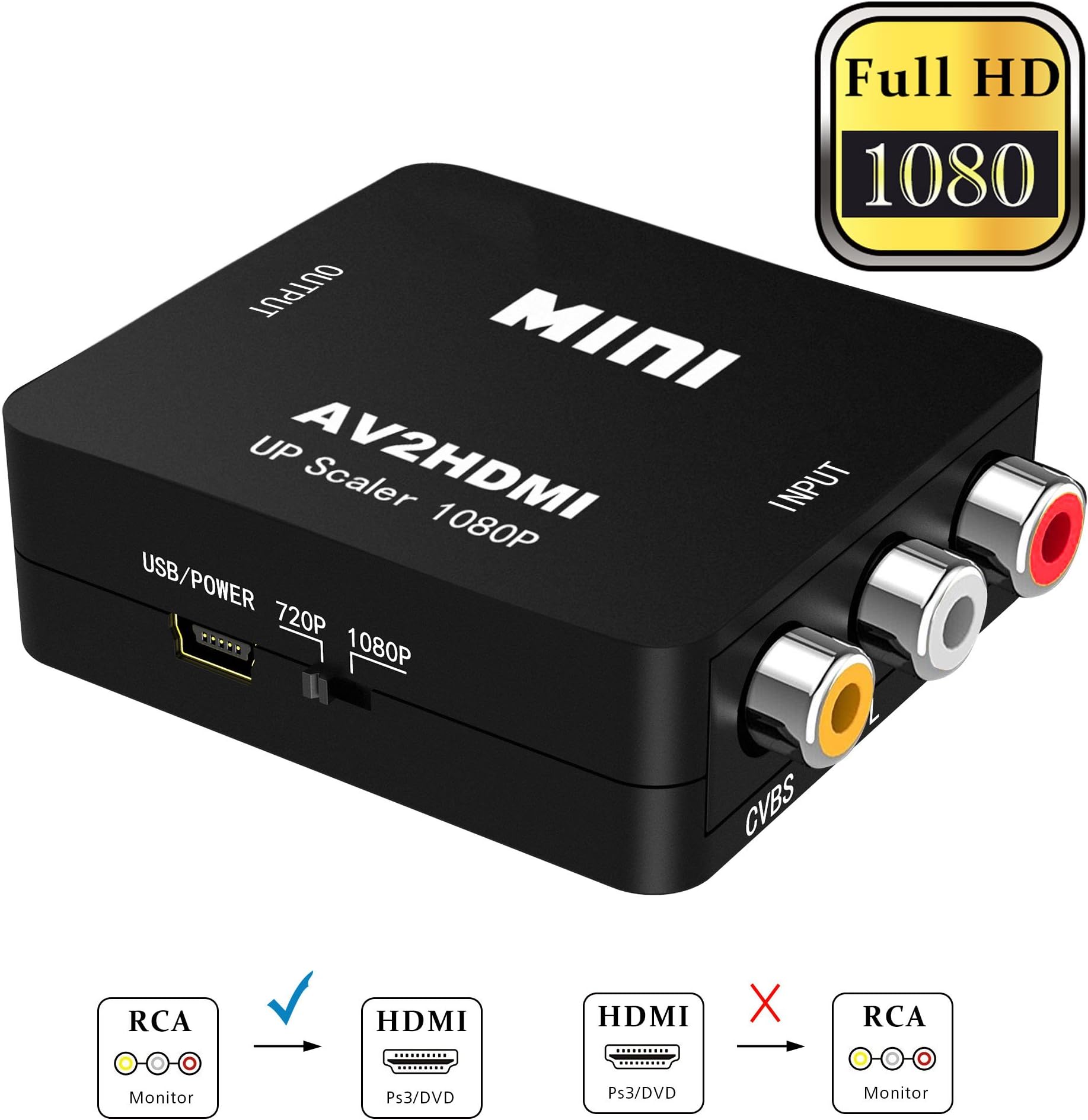RCA to HDMI, Elizza 1080P Mini RCA Composite CVBS AV to HDMI Video Audio Converter Adapter Support PAL/NTSC with USB Charge Cable for TV/PC/PS3/Blue-Ray DVD,Black