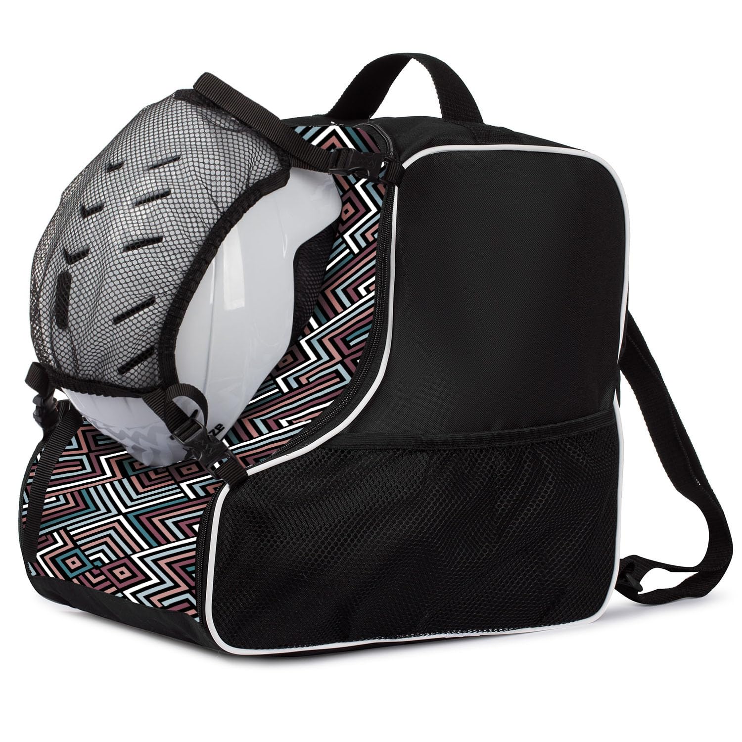 Ferocity Premium Ski Boot Bag with Helmet Compartment, Removable Mesh Pocket, Pastel Zig ZAG Pattern [054]