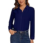 YAMANMAN Womens Button Down Shirts Long Sleeve Casual Chiffon Blouses Loose Pleated Collared Work Office Tops