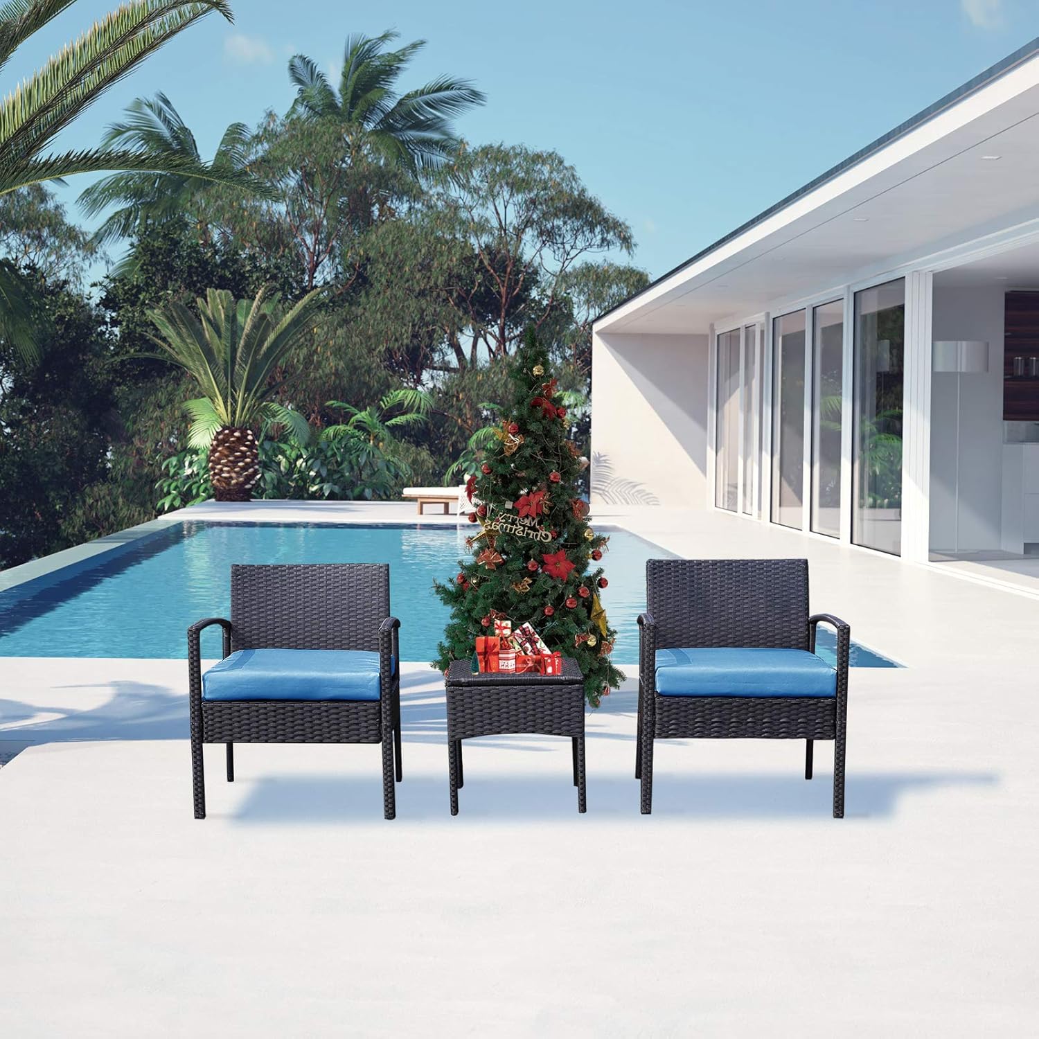 PCAFRS 3 Piece Patio Furniture Set, PE Rattan Wicker 3 Pcs, Outdoor Wicker Rattan Conversation Set with Coffee Table, Chairs & Thick Cushions, Conversation Chair Set for Garden, Porch, Poolside (Blue): Garden & Outdoor