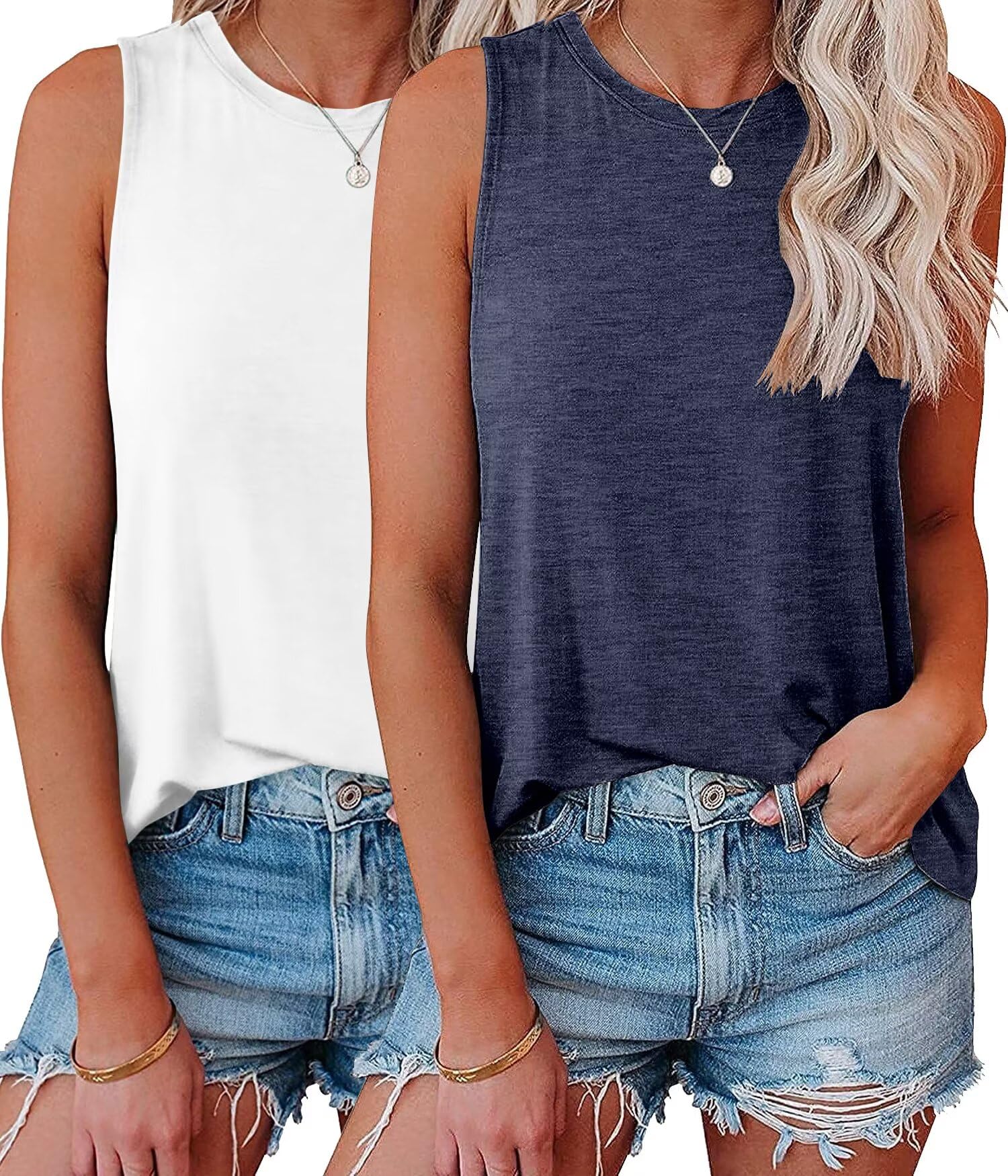 Photo 1 of *JUST WHITE SHIRT* KKJ 2 Pack Womens Tank Tops Workout Tees Summer Clothes Fashion Outfits Crew Neck Sleeveless Loose Fit Fall Casual Shirts
