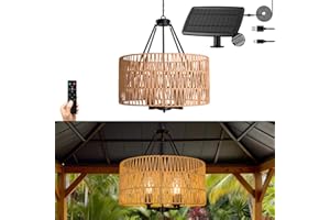 ALL FORTUNE Solar Outdoor Chandelier, 4-Light 19" Rattan Outdoor Chandelier, Solar Hanging Pendant Waterproof Lights, for Gaz