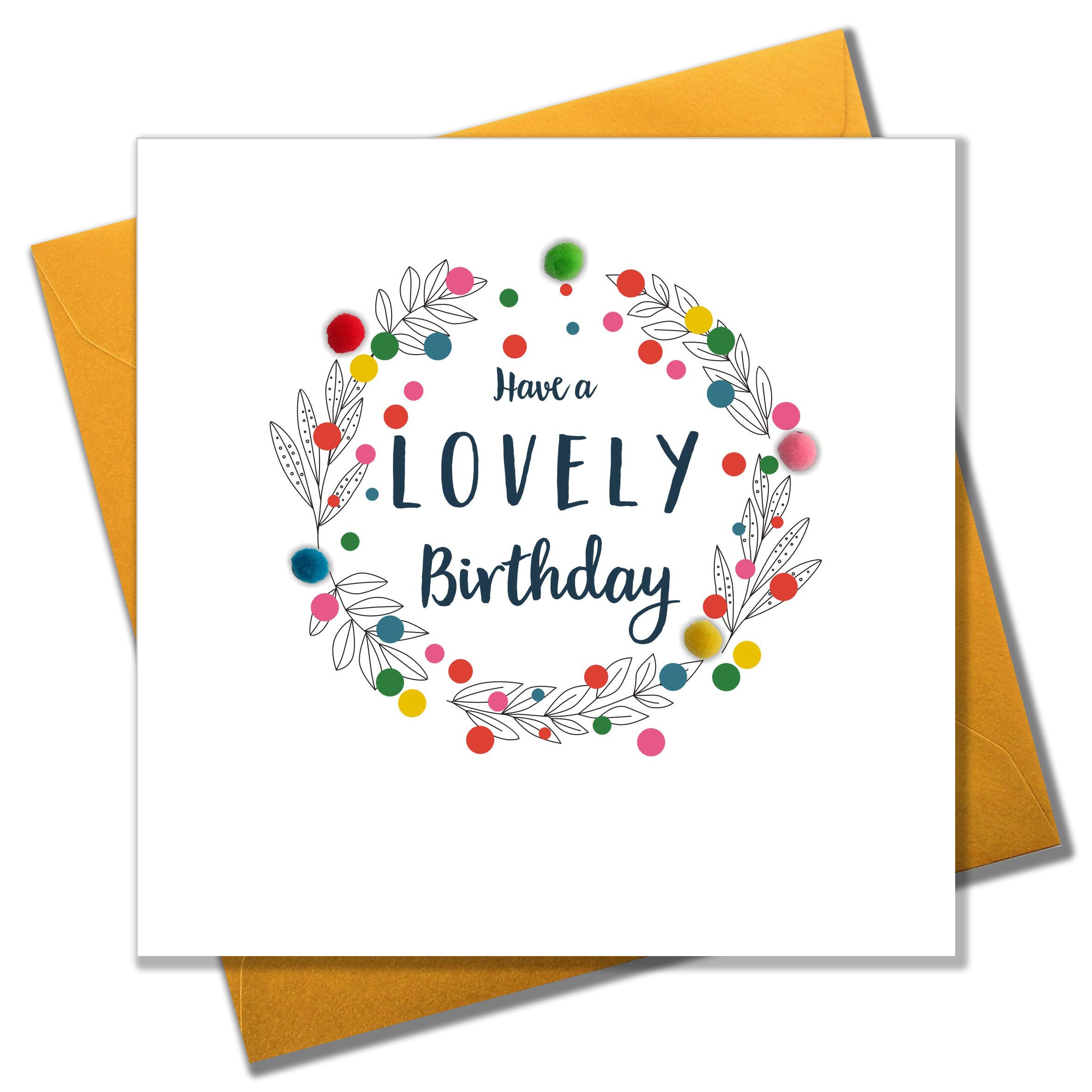 Claire Giles Greeting Cards, Happy Birthday Card, Summer Wreath Design Birthday Greeting Card, Embellished with Colourful Pompoms