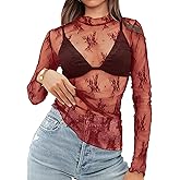 OFEEFAN Womens Long Sleeve Mesh Top See Through Mock Neck Sheer Blouses