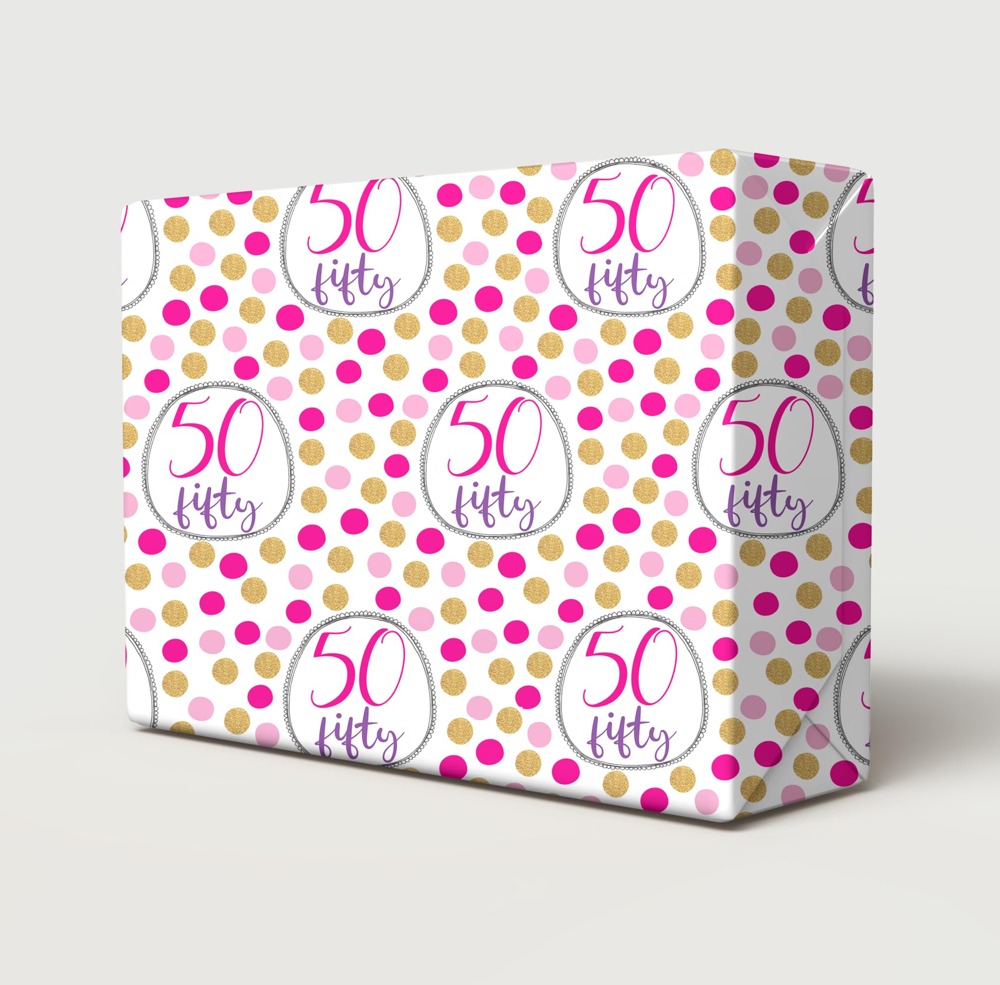 2 Sheets 2 Tags 50th Birthday Pink Gold Polka Dots Female Wrapping Paper Age 50 Birthday Ladies Giftwrap (PA)