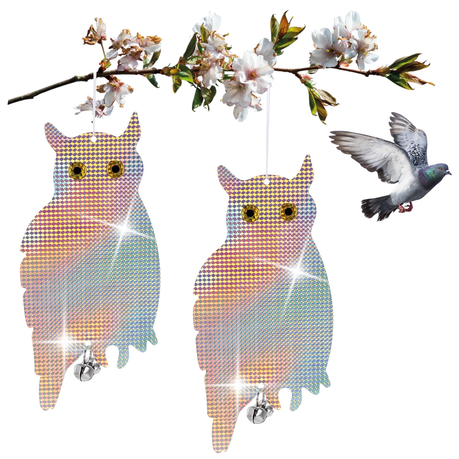 COM-FOUR® 2x dummy owl - animal-friendly bird deterrent - artificial bird of prey to hang up - sitting owl with bell and reflective foil (02 pieces - Owl V1)