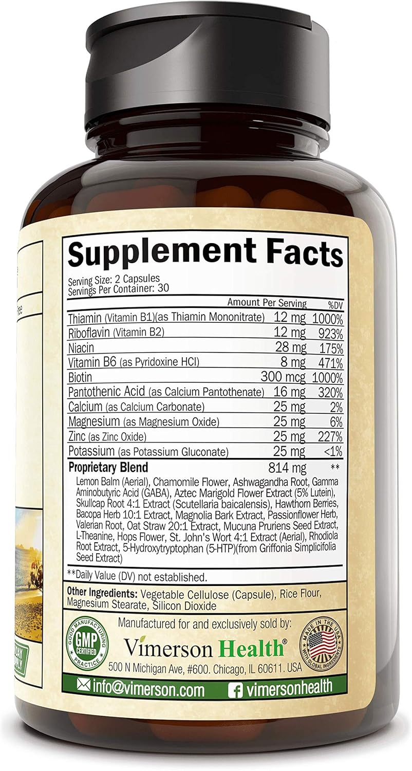 Stress Relief Mood Enhancer Supplement. Relief from Occasional Stress, with Biotin, 5-HTP, Valerian, Lutein, Vitamin B1 B2 B5 B6, L-Theanine, St. John's Wort, Ashwagandha, Chamomile. Niacin, GABA.: Health & Personal Care