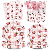 192pcs Strawberry Birthday Party Decorations Plates Napkins Disposable Paper Cups Straws Strawberry Tableware Set Party Supplies for Girls Kids Birthday Decor Serve 24 Guests
