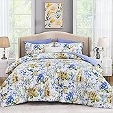 Luxudecor Floral Comforter Set Queen Size 7 Pieces Bed in a Bag, Blue Flower Watercolor Bed Set, Soft Comforter with Sheet Set 90"x90"