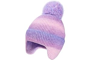 ACTLATI Kids Beanie with Ear Flaps for Boys Girls Pom Knit Hats Fleece Lining Winter Outdoor Skull Snow Ski Cap Age 2-10