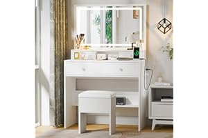 Haewon Makeup Vanity Desk with Lighted Mirror, White Vanity Table with 4 Drawers, LED Mirror, Power Outlet, and Charging Station