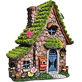 ASAWASA Resin Fairy House Statues with Solar Powered Lights, Funny Garden Sculptures with Flocked and Cobblestone Decor, Exquisite Garden Cottage Figurines