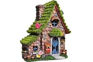 ASAWASA Resin Fairy House Statues with Solar Powered Lights, Funny Garden Sculptures with Flocked and Cobblestone Decor, Exquisite Garden Cottage Figurines