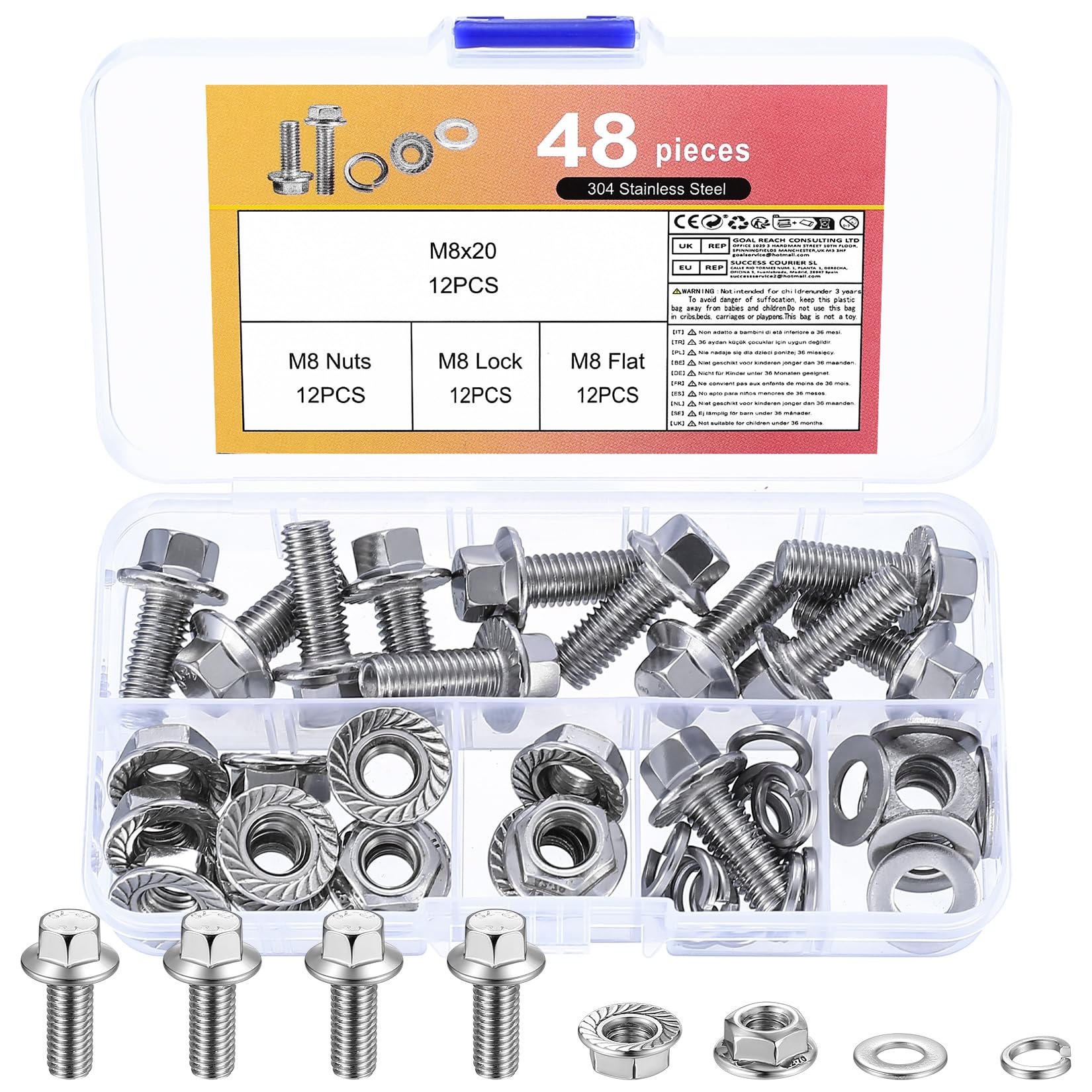 48 Pcs M8 Flanged Hex Head Bolts and Nuts Set, Metric Serrated Flanged Hex Bolt and Nut Sets, Stainless Steel Flange Screws, Flange Hexagon Screws Nuts and Bolts and Washers Set(M8 x 20mm)