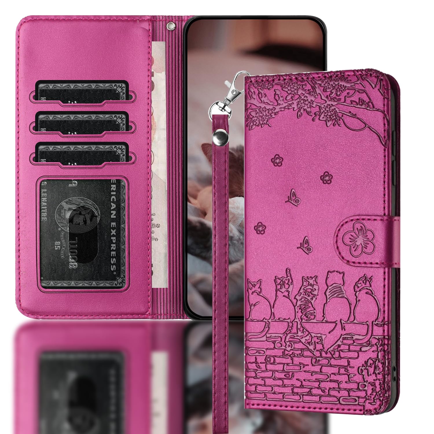 Nokverzy Wallet Case for iphone 15(6.1") Folio Case with Card Slots Viewing Stand Cat Pattern Magnetic Phone Case for iphone 15(6.1") Protective Case Leather Shockproof Red