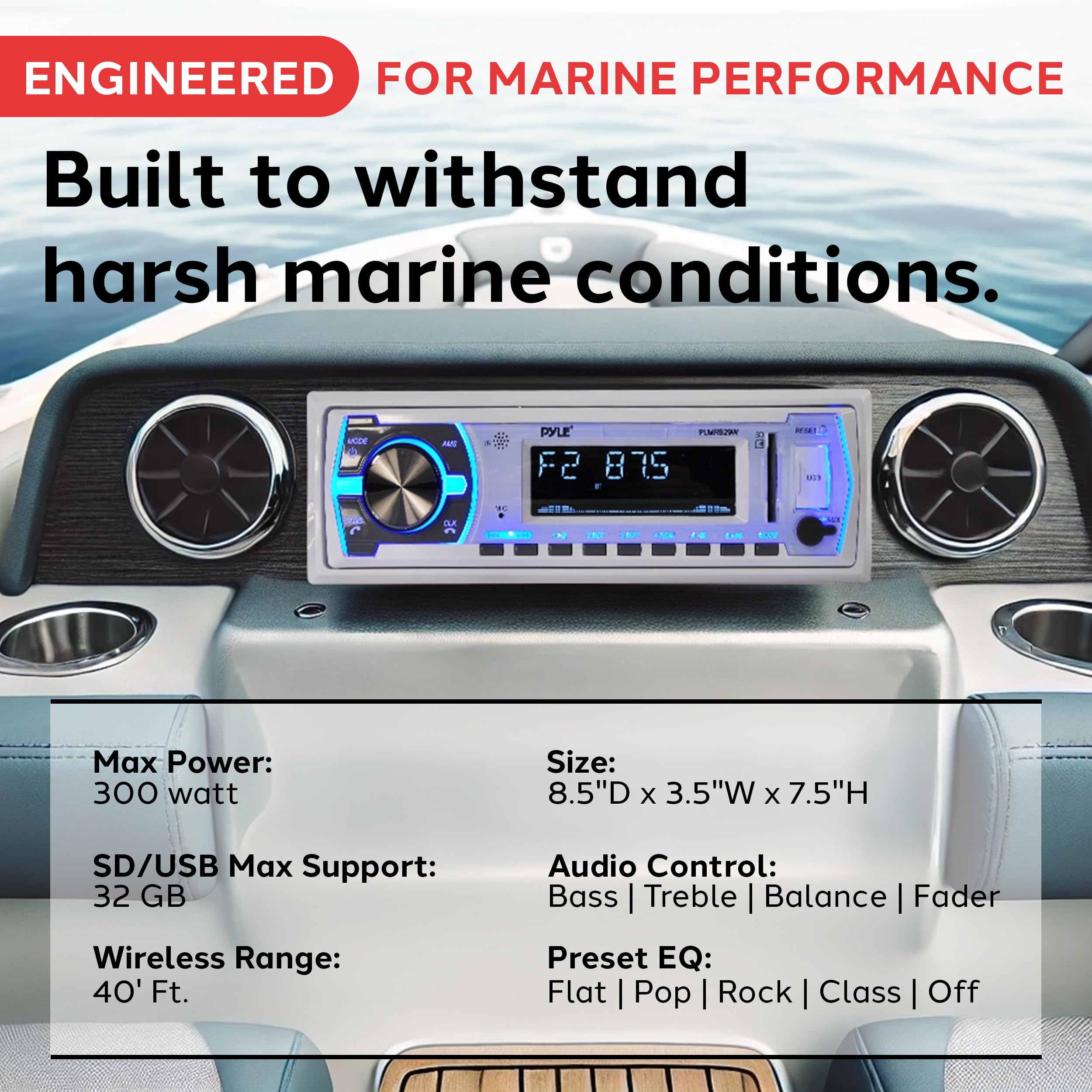Pyle Marine Bluetooth Stereo Radio - 12v Single DIN Style Boat In dash Radio Receiver System with Built-in Mic, Digital LCD, RCA, MP3, USB, SD, AM FM Radio, Remote Control, White - PLMRB29W