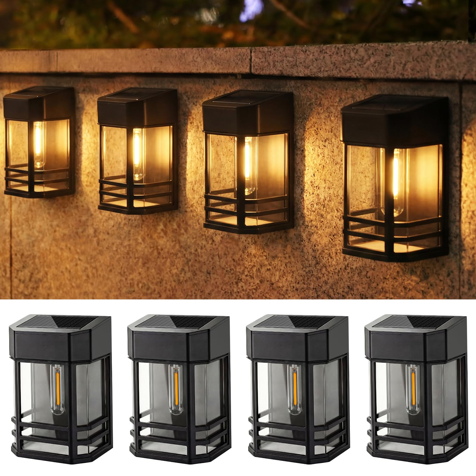 nipify 4 Pack Solar Fence Lights, Waterproof Solar Wall Lights Outdoor Warm White, Auto On/Off Retro Solar Powered Lighting for Garden Yard Gate Door Patio