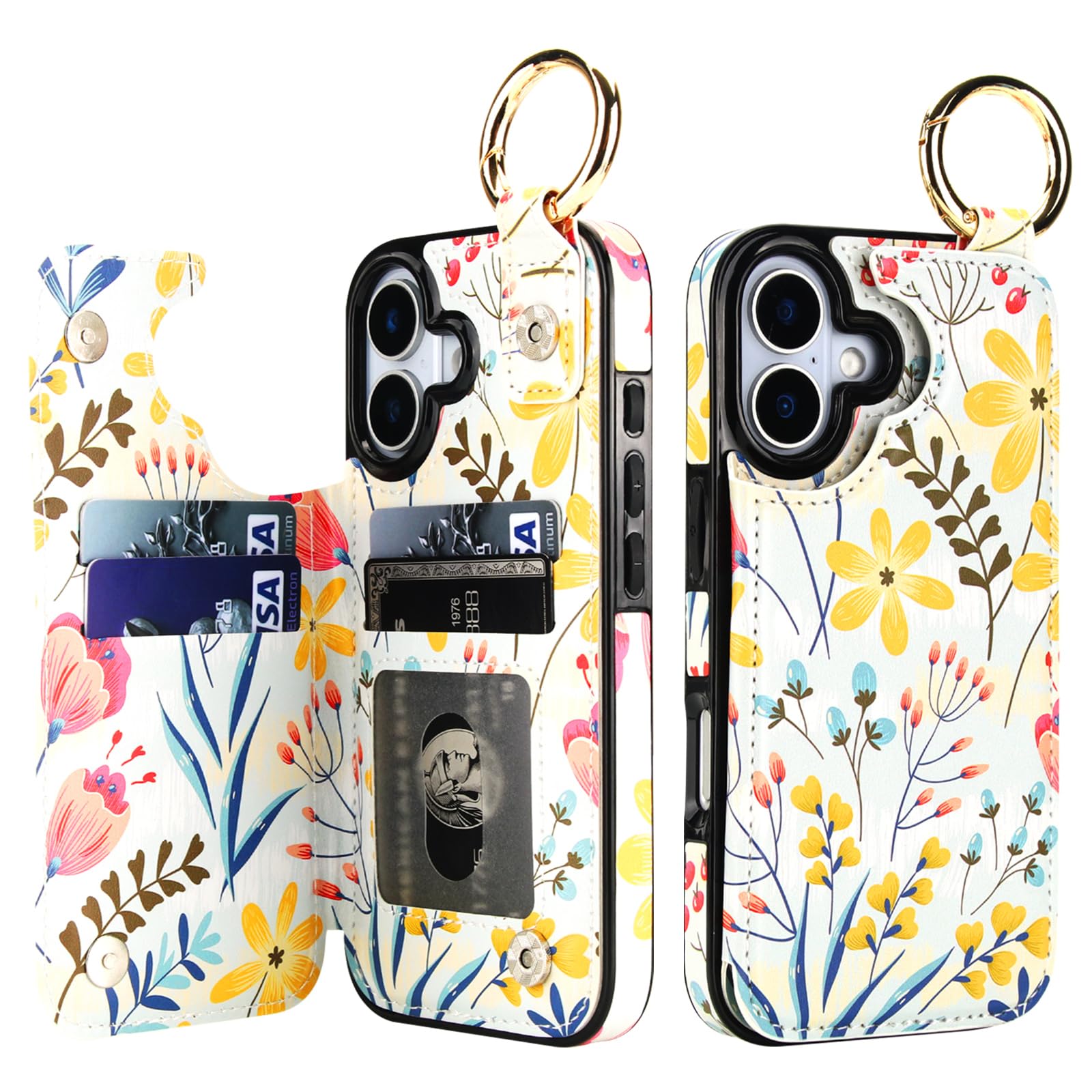 Photo 1 of HAOPINSH Wallet Case for iPhone 17 with Card Holder, Floral Flower Print Back Flip Folio PU Leather Kickstand Card Slots Case, Finger Grip Ring Double Magnetic Clasp Shockproof 6.3"