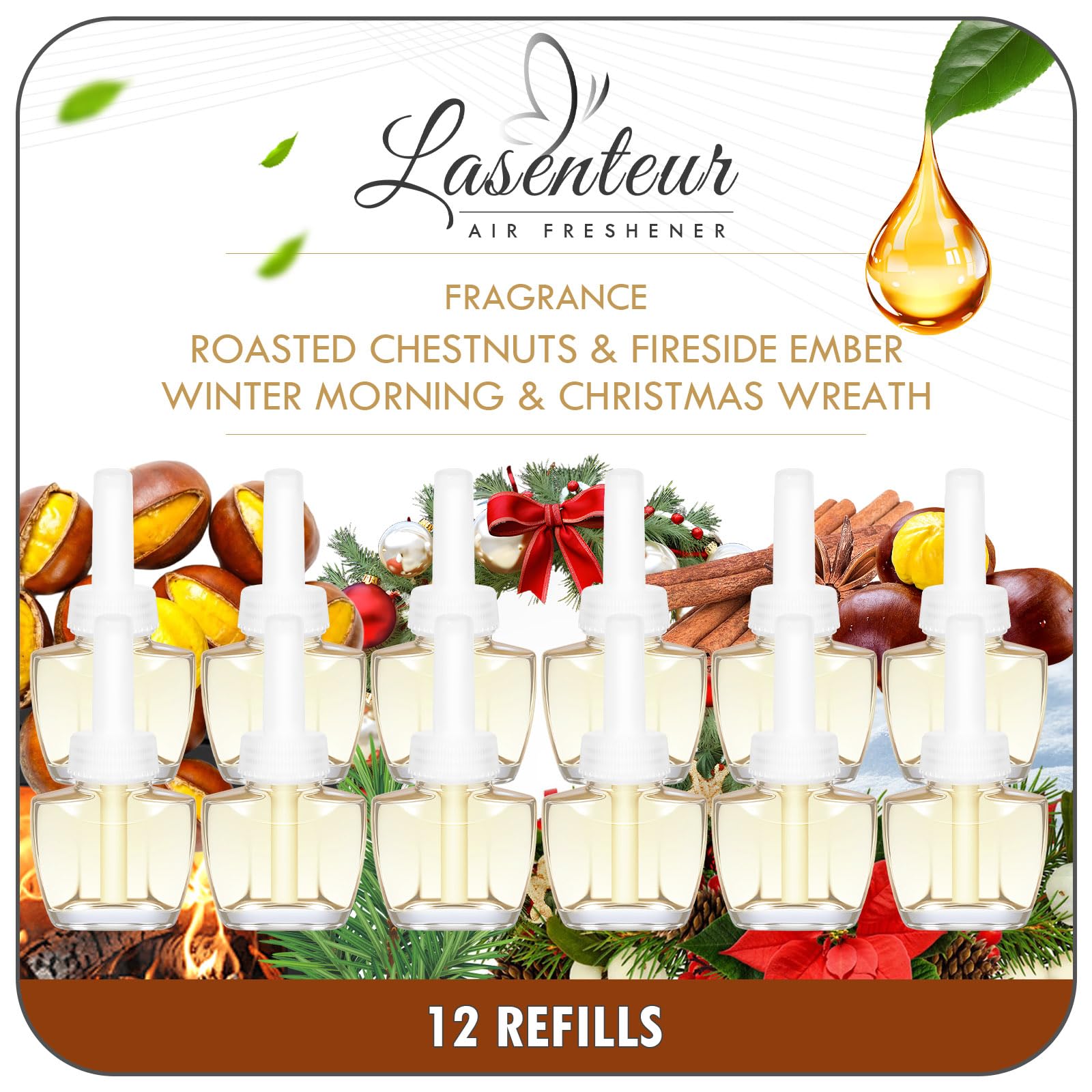 Plug in Air Freshener Refills 12 Pack–Fireside Ember,Winter Morning,Roasted Chestnuts&Christmas Wreath Scents–Adjustable Fragrance for Rooms & Bathrooms–Compatible with Air Wick & Glade