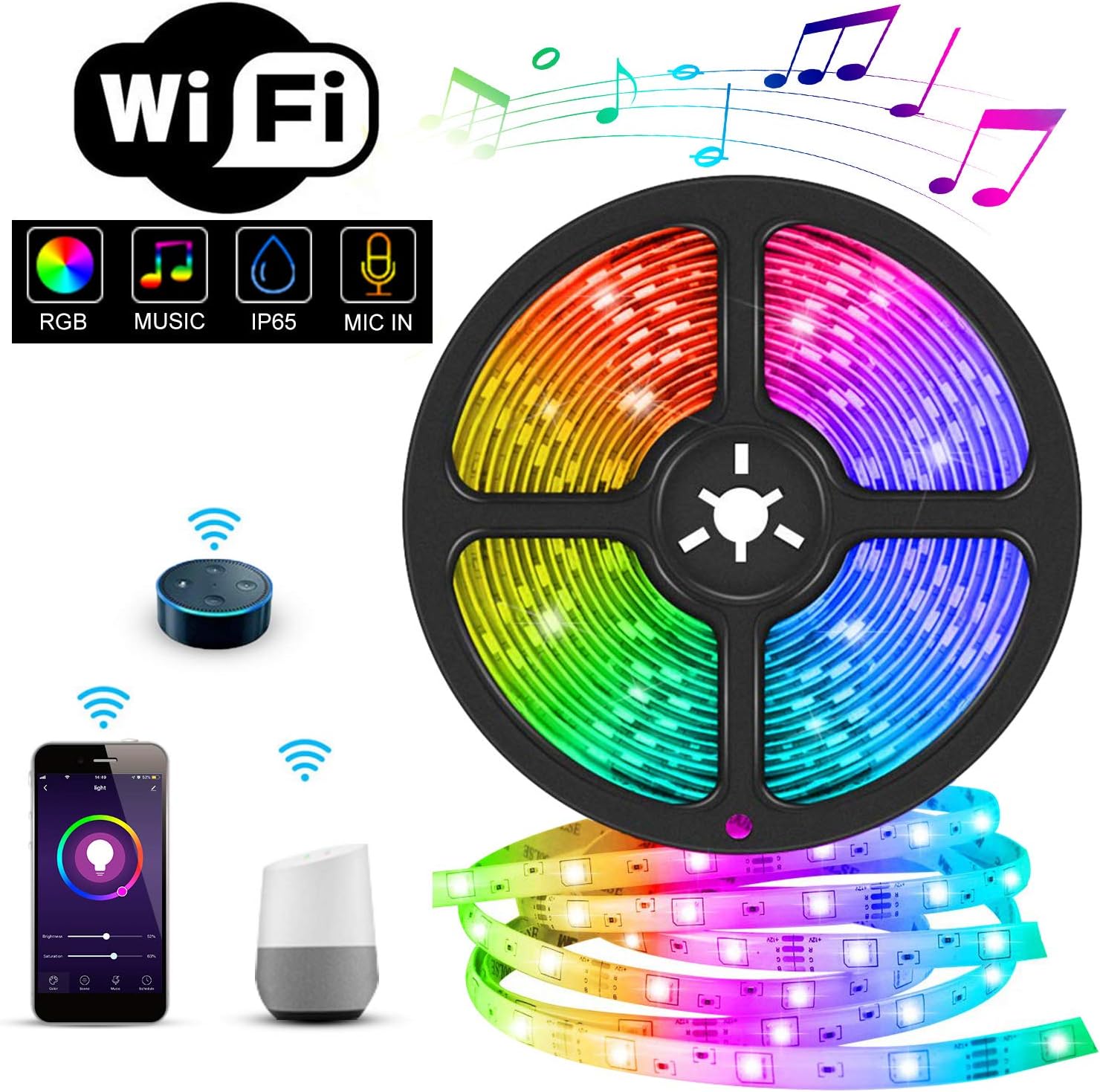 WiFi LED Strips Lights 5m,Smart Light Strip APP Controlled RGB 5050 Strip Light Waterproof IP65 Compatible with Alexa Echo, Google Assistant, Decoration for Kitchen Wedding Party(Not Support 5G WiFi)