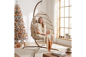 NICESOUL Hanging Egg Chair with Stand Indoor Outdoor, Comfy Patio Rattan Swing Hammock Chairs with Cushion, 350lbs Capacity Egg Shaped Chair for Lawn Backyard Balcony Bedroom, Birthday Gift, Beige