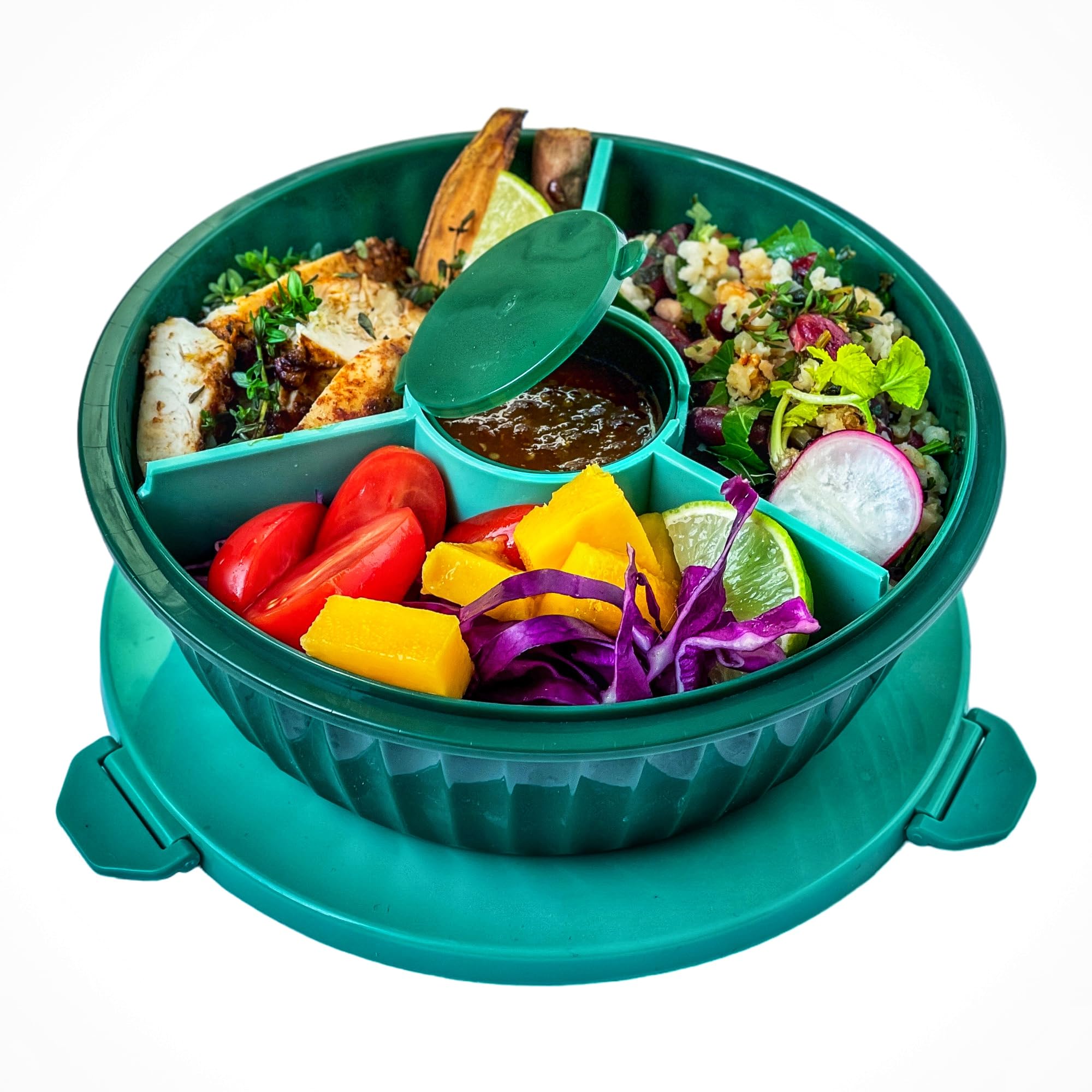 Yumbox Leakproof Poke Salad Bowl with Removable 3-Section Divider, built-in dip well and removable dip cup - 4.2 Cups Volume, Easy-Open with Triple Latches (Kale Green), KGP2023103
