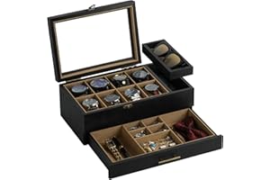 GALHUBIS Watch Box with Tray, 2-Tier Watch Case for Large Dial Watches, 8-Slot Watch Display Case with Lid, Removable Watch Pillows, Drawer, Gifts for Men Women, Watch Organizer, Jewelry Box, Black