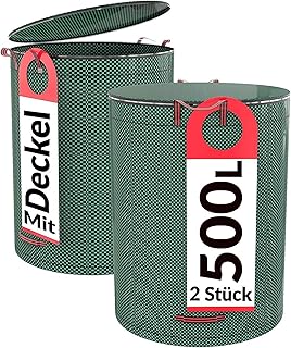 Praknu 2er Gartensack mit Deckel - 500L Groß - Verschließbar - 4 Reißfeste Griffe - Robustes Polypropylen