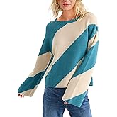 Tanming Womens Wide Striped Sweater Oversized Color Block Crew Neck Loose Sleeves Fall Knit Pullover Tops