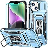 Aozuoton for iPhone 14 Plus Case with Screen Protector and with Camera Cover, 360°Military Grade Rotatable Kickstand (Heavy Duty) Shockproof Protective, Case for iPhone 14 Plus Light Blue