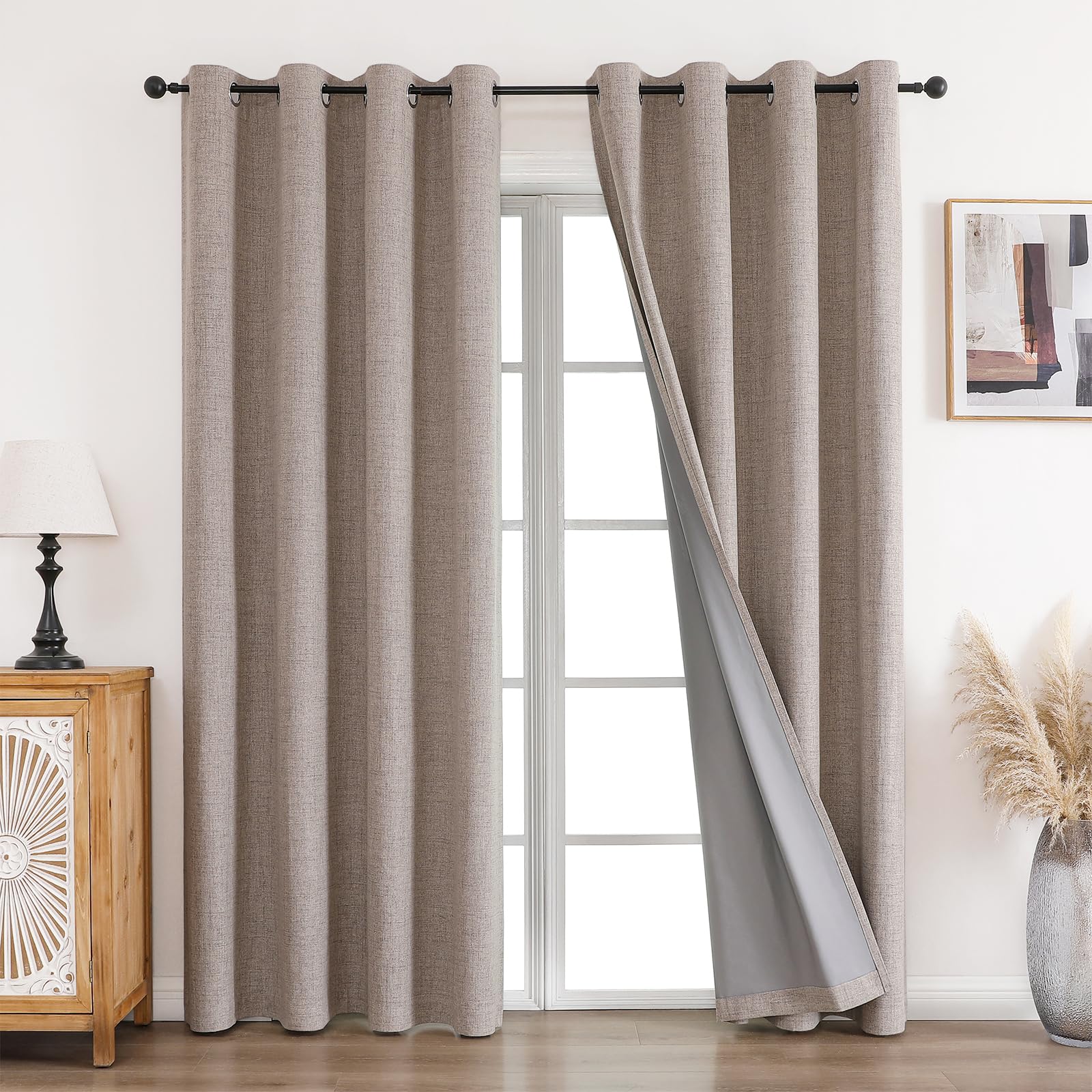 CUCRAF 100% Blackout Curtains Linen 90 Inch Drop 2 Panels Soft Texture Sun Blocking Thermal Eyelet Curtains for Bedroom Living Room 46 X 90 Inch