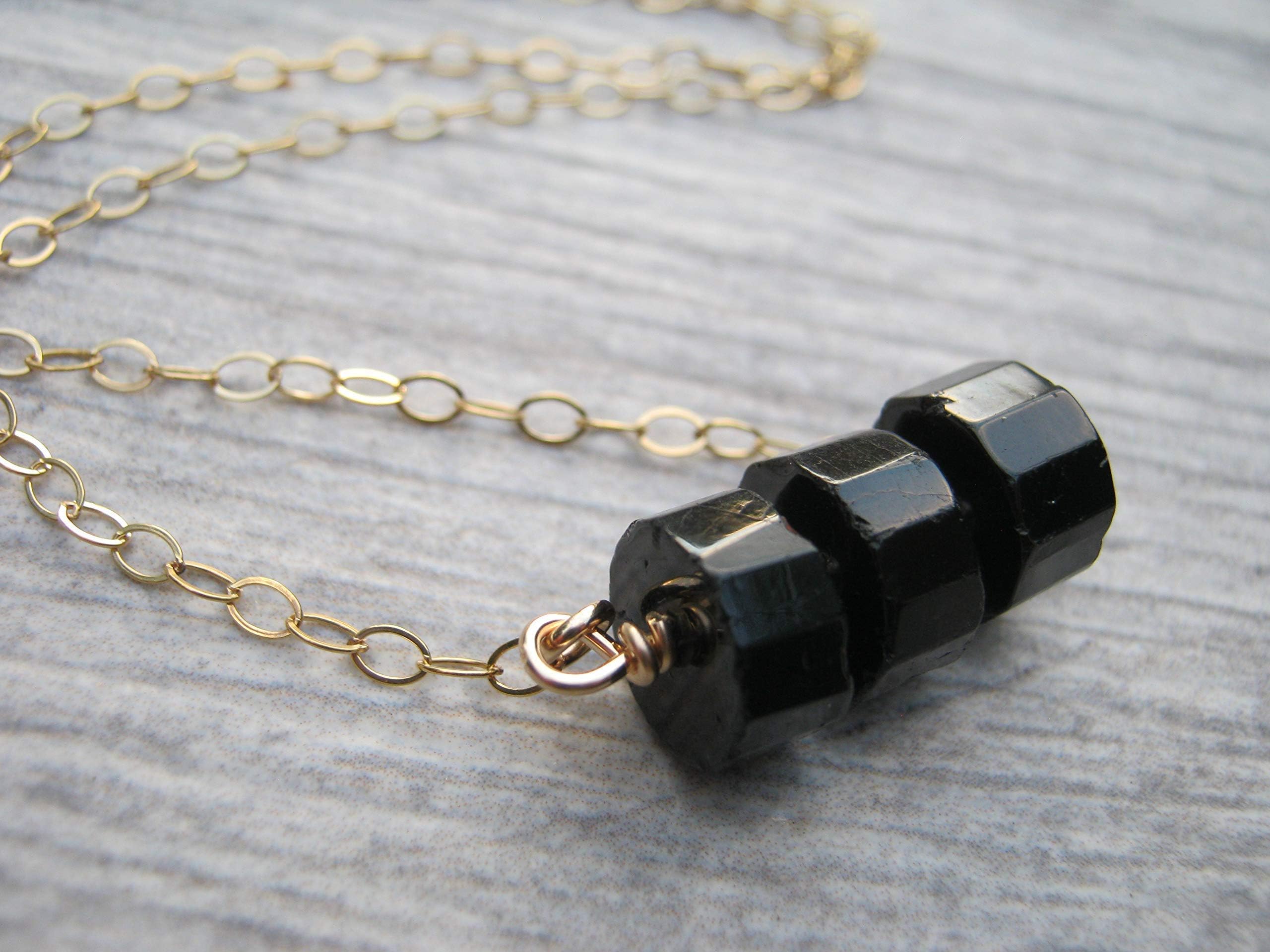 18" Faceted Black Tourmaline Necklace, 14K Gold Filled Gemstone Bar Jewelry, Floating Pendant