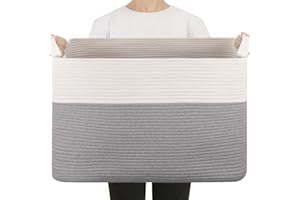 OIASKET Extra Large Laundry Basket, 90L Blanket Basket for Living Room, Cotton Rope Storage Basket, Toy Basket for Kids, Woven Basket for Clothes, Towels, Pillows, 24" x 17" x 14", Grey and White