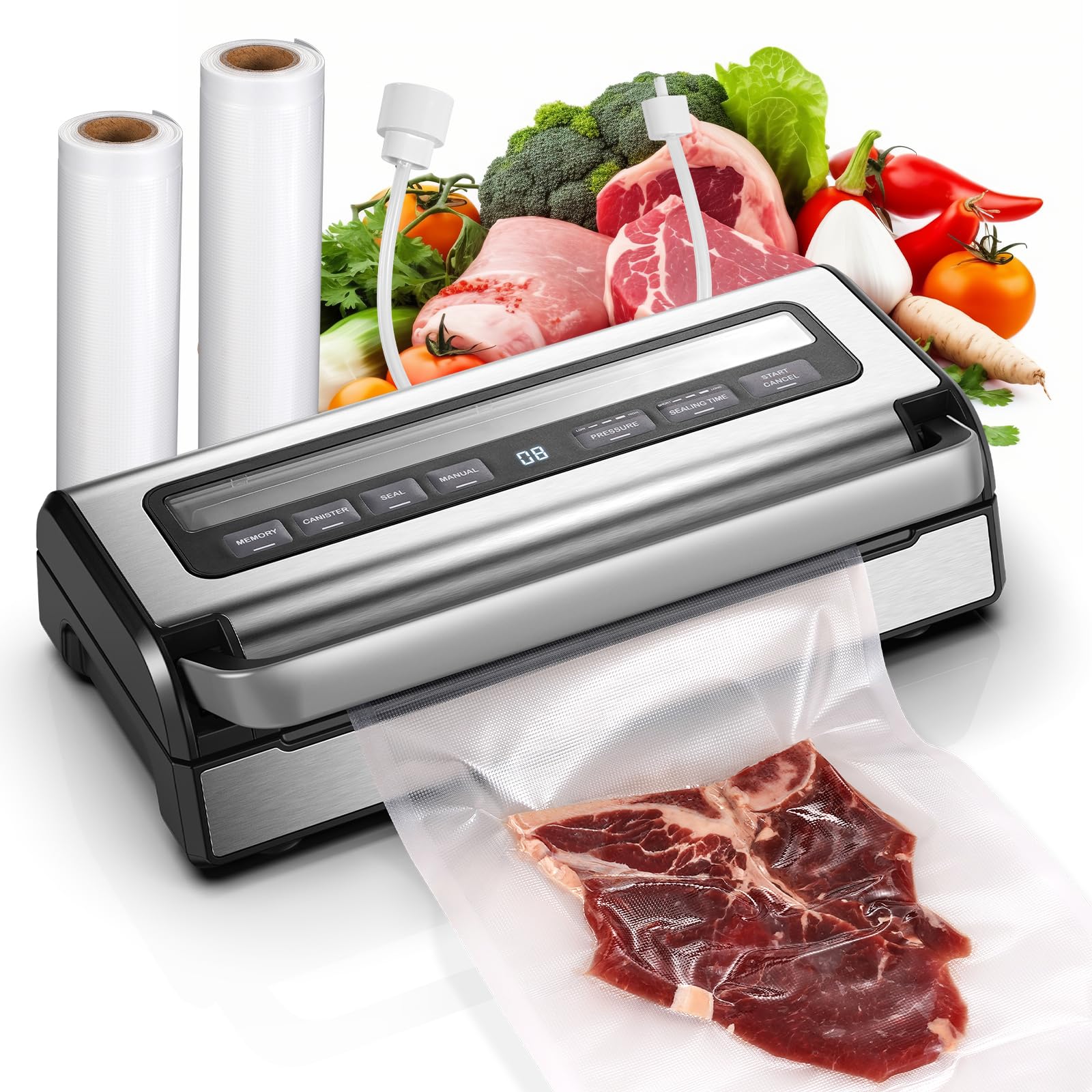 Photo 1 of 95KPa Automatic Vacuum Sealer, 9-in-1 Food Sealer for Dry/Moist/Liquid Foods, Double Heat Seal & Pump, Includes Bag Rolls & Hose, Stainless Steel