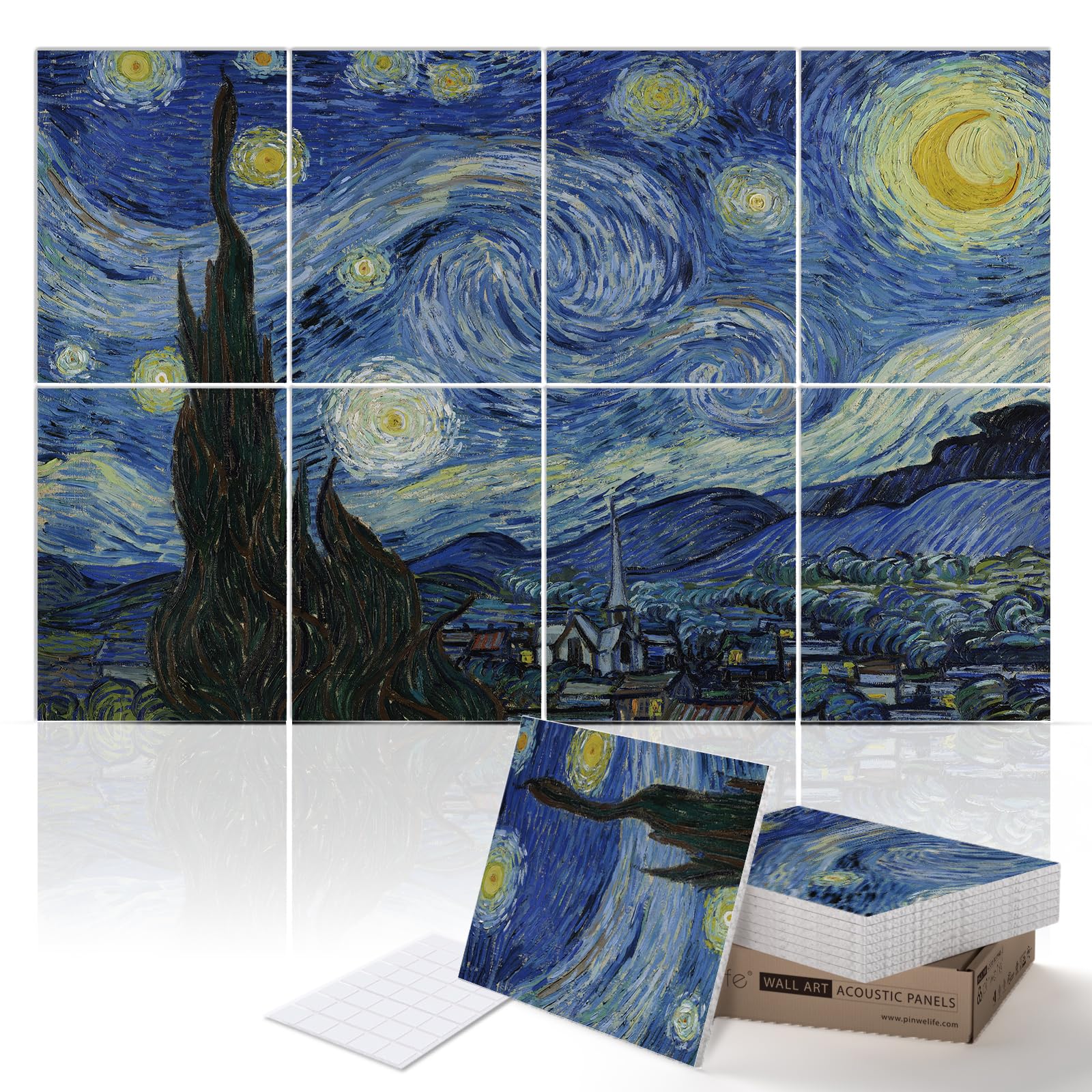 PINWELIFE® Wall Art Acoustic Panels, Sound Proof Absorbing Panels for Home/Office, Decorative Absorbing Dampening, Noise and Echo Cancelling, 120x80cm (The Starry Night, by Vincent Van Gogh)