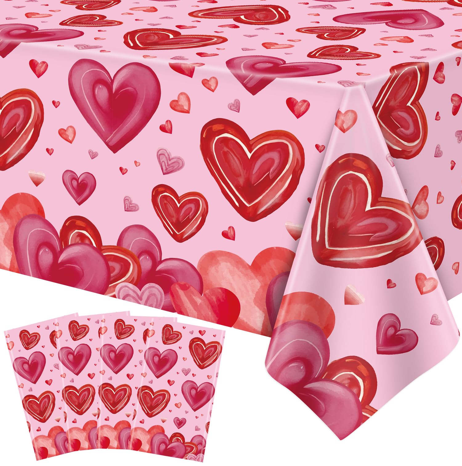 LWYGEGJO 4 Pack Mother's Day Tablecloth Valentine's Day Love Heart Table Cover for Rectangle 51 x 86in Waterproof Plastic Table Cloth for Valentine Day Party Supplies, Valentine's Day Décor (pink)