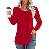 OFEEFAN Long Sleeve Shirts for Women Fall Tops Dressy Casual Blouses Pleated Scooped Neck Tunic Tops for Leggings