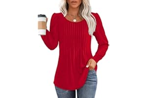 OFEEFAN Long Sleeve Shirts for Women Fall Tops Dressy Casual Blouses Pleated Scooped Neck Tunic Tops for Leggings