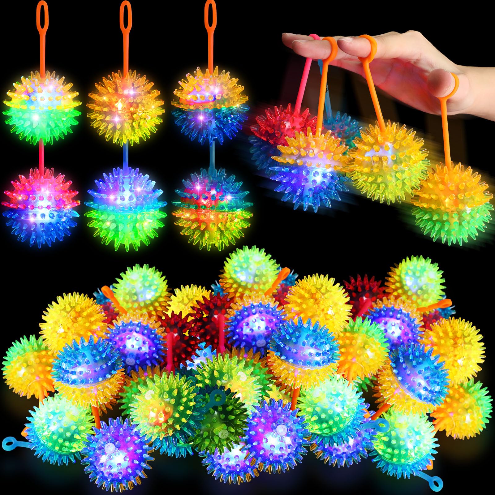 Photo 1 of Sotiff 100 Pcs Light up Ball Spiky LED Bouncy Ball Halloween Flashing Squeaky Toy Rubber Toy Carnival Prizes Grad Party Favor Goodie Bag Fillers Stocking Stuffers Gifts
