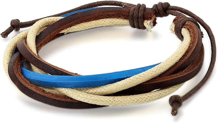 Men/'s Genuine Brown Leather Wristband Multi Cord Bracelet Surfer Magnetic Clasp