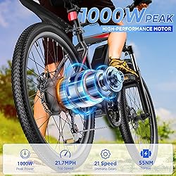 Electric Bike for Adults, 26'' 1000W Peak Ebike, Up