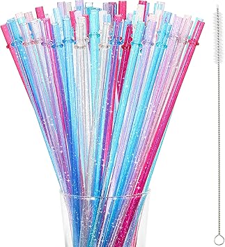 48 Pieces 11 inch Reusable Plastic Straws Without BPA, Colorful Glitter Straws for 40/30/24 oz Jar and Tumblers, with Cleaning Brush Straws Cleaner (Red, Dark Blue, Pink, Champagne, Purple, Blue)