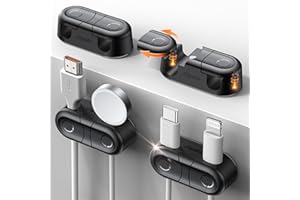 Magnetic Cable Clips - Chfeila 4Pack [Dual Slot] [360°Rotating & Twist-Lock] Cord Management, Adhesive Phone Charging Keeper, Wire Organizer Holder for Nightstand, Home Office Desk Accessories Decor
