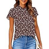 SimpleFun Women Boho Shirts Floral Ruffle Short Sleeve Mock Neck Flowy Casual Summer Blouses Tops