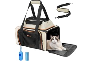 Eilqnaav Cat Carrier Pet Carrier Airline Approved,Small Dog Carrier(17x12x12 Ins) for Soft-Sided Carrier for Small Cats and Dogs 15lbs with Harness and Scratch-Proof Net Pet Travel Carrier (Beige)