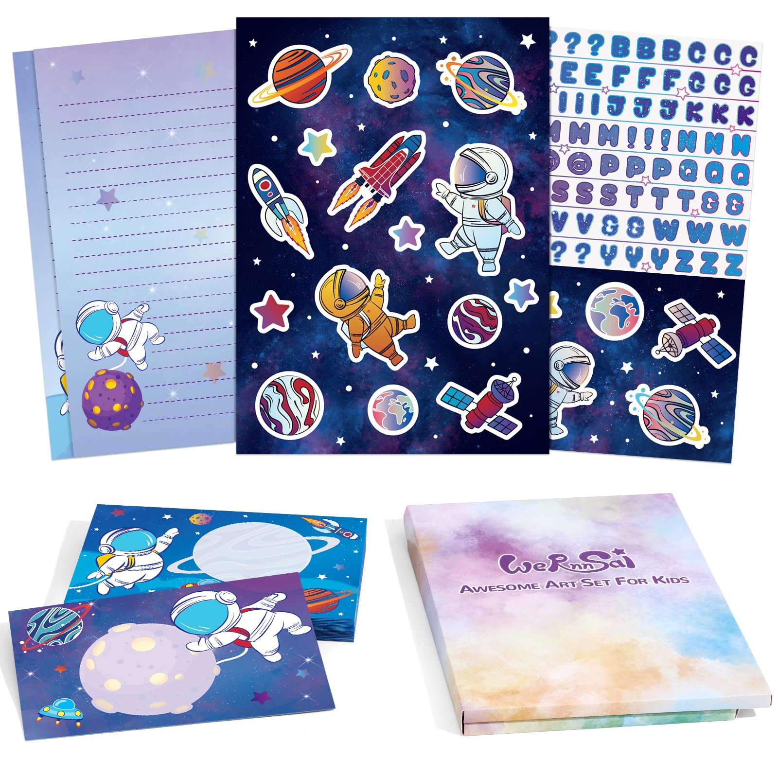 Kids Stationery Set Astronaut Boys Stationery Set Universe Letter Writing Kit Aerospace Letter Paper Set Stationery Writing Sheets with Envelopes, Space Stickers School Teens Space Gift Set